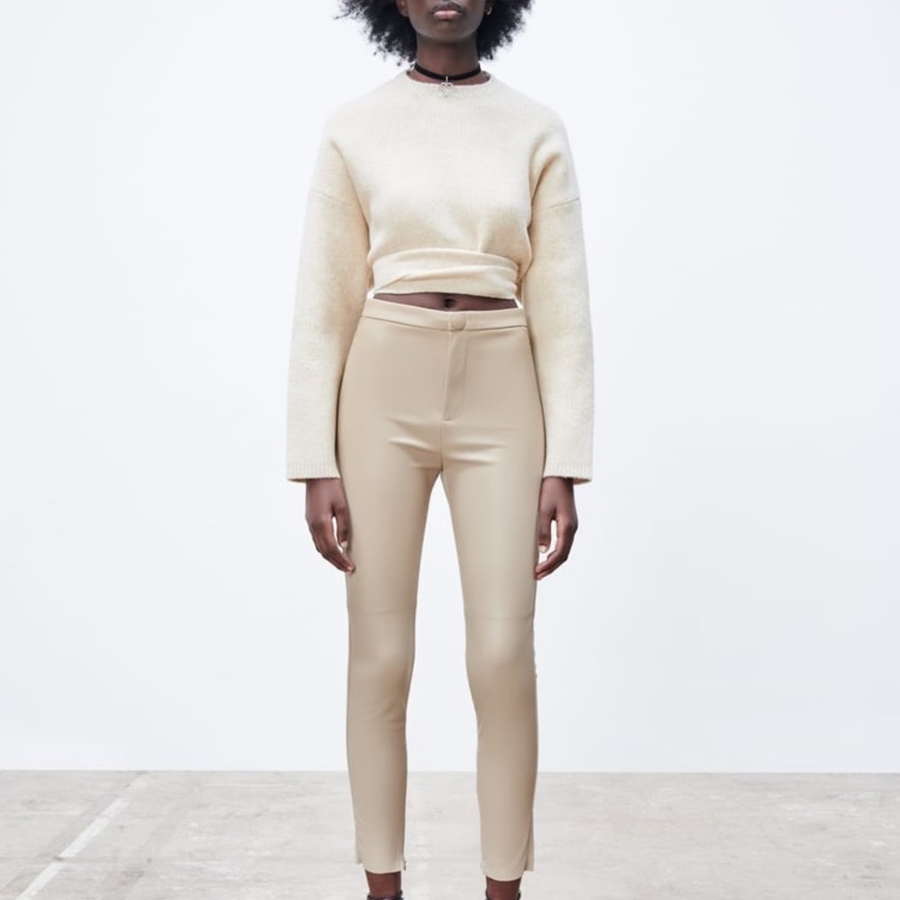 Zara High Rise Faux Leather Leggings, Beige